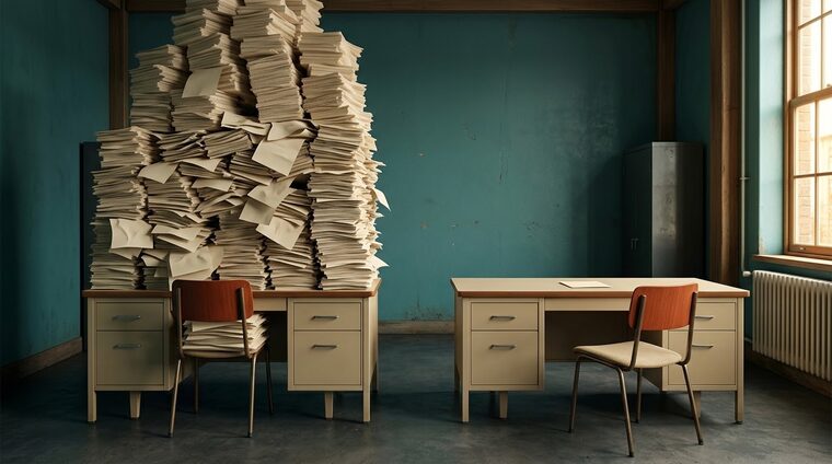 Illustration : deux bureaux identiques dans la même pièce ; celui de gauche disparaît sous une pile de formulaires qui monte presque au plafond, celui de droite ne porte qu'une seule feuille et sa chaise reste vide.