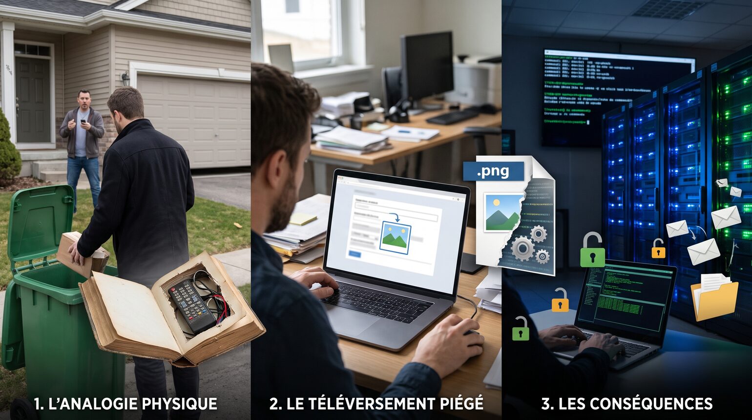Trois volets illustrant l'envoi d'un fichier piégé : l'analogie d'un faux livre évidé cachant un appareil déposé dans un bac de recyclage, le téléversement d'un faux fichier .png qui contient en réalité un programme, puis un serveur compromis d'où s'échappent des données.